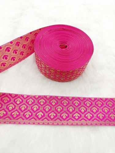 Jacquard Saree Border, Fuchsia Pink And Gold Woven Thread Work Trim, Jacquard Trimming Decorative Trim